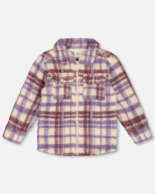 Zip Front Sherpa Overshirt Plaid Purple And White