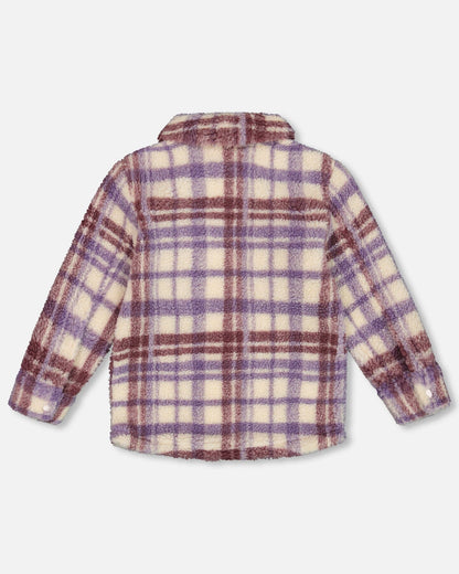 Zip Front Sherpa Overshirt Plaid Purple And White