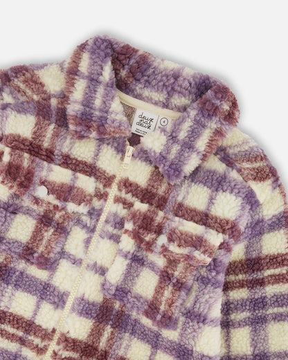 Zip Front Sherpa Overshirt Plaid Purple And White