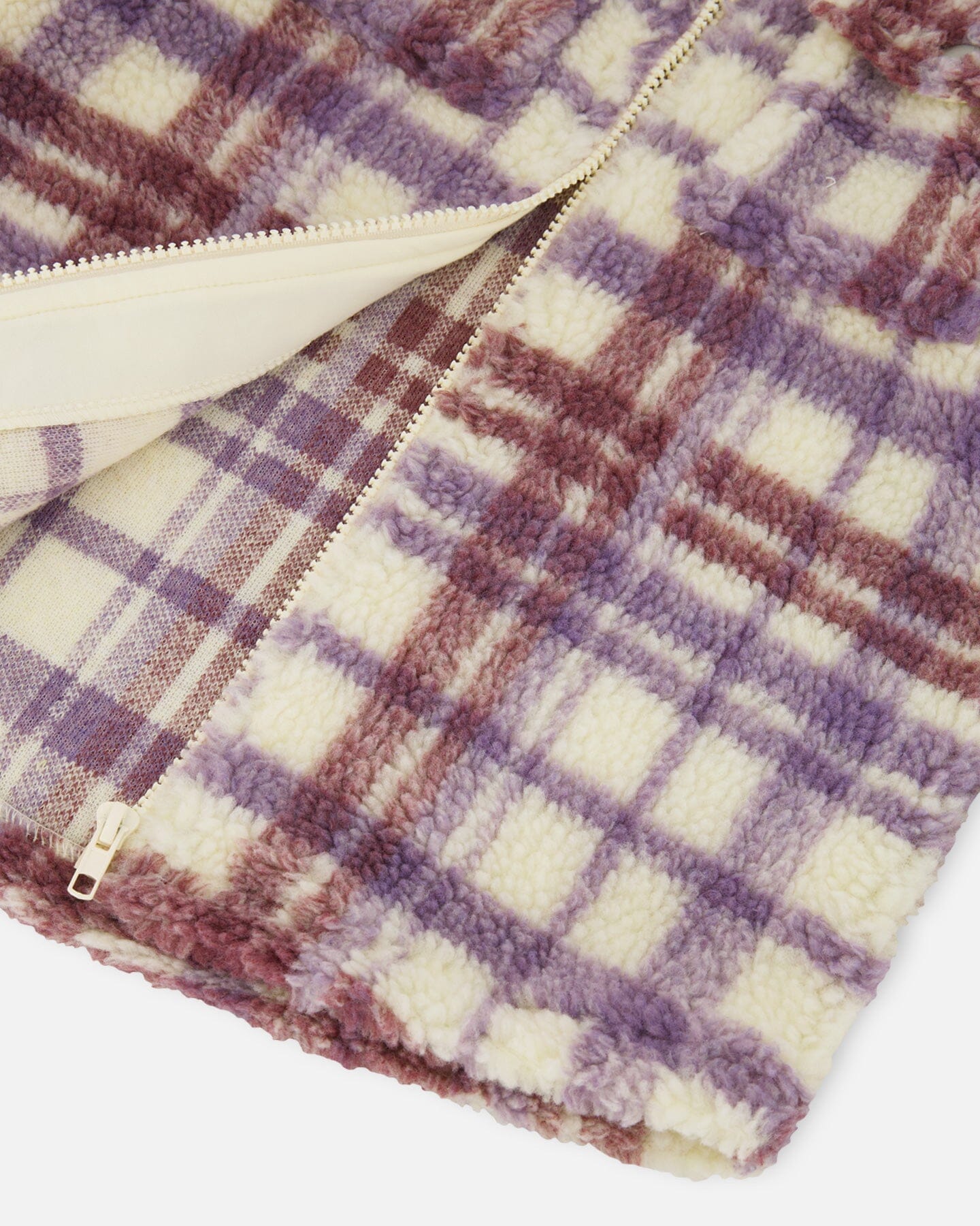 Zip Front Sherpa Overshirt Plaid Purple And White