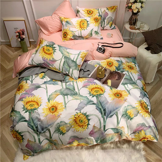 Eden 600 TC Sunflower Cotton Duvet Set - White/Yellow