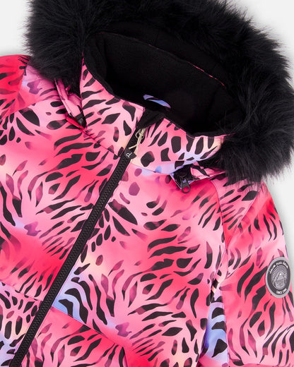 Two-Piece Play Snowsuit With Multicolor Print Jacket And Solid Pant Black