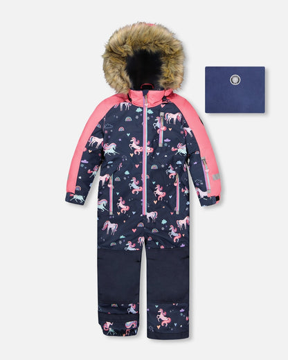 One-Piece Play Snowsuit Navy Unicorn Print