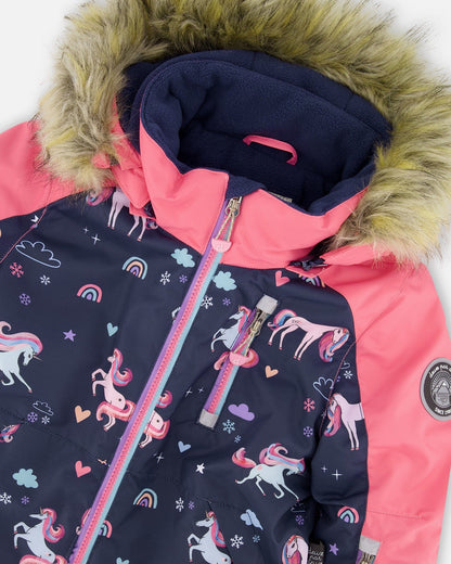 One-Piece Play Snowsuit Navy Unicorn Print