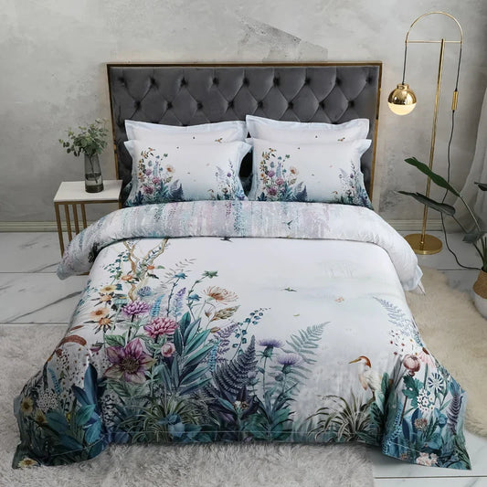 Wild Whimsy 600 TC Floral Cotton Duvet Set - White/Aqua