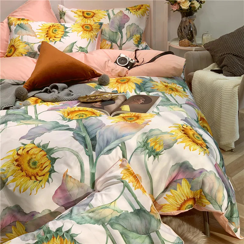 Eden 600 TC Sunflower Cotton Duvet Set - White/Yellow