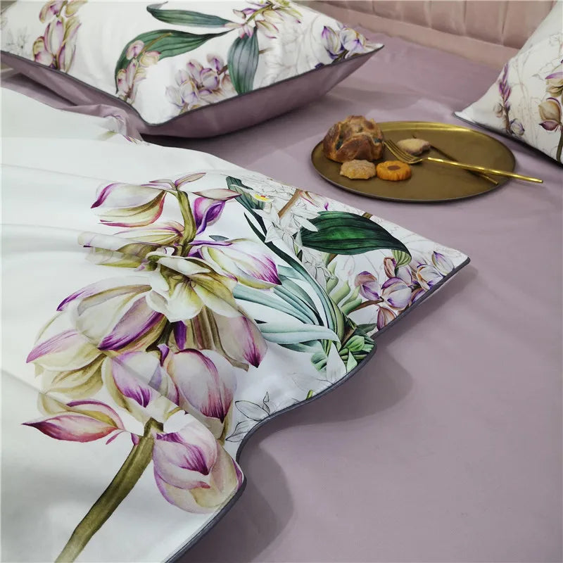 Eden 600 TC Floral Cotton Duvet Set - White/Lilac