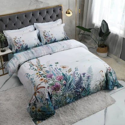 Wild Whimsy 600 TC Floral Cotton Duvet Set - White/Aqua