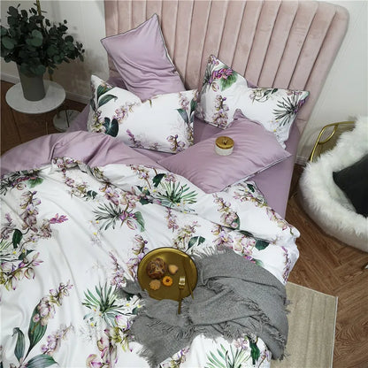 Eden 600 TC Floral Cotton Duvet Set - White/Lilac