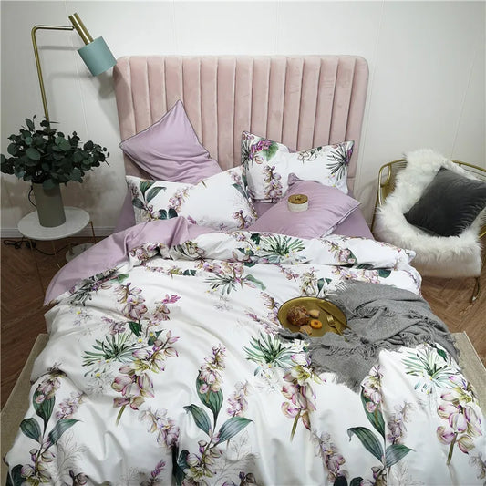 Eden 600 TC Floral Cotton Duvet Set - White/Lilac