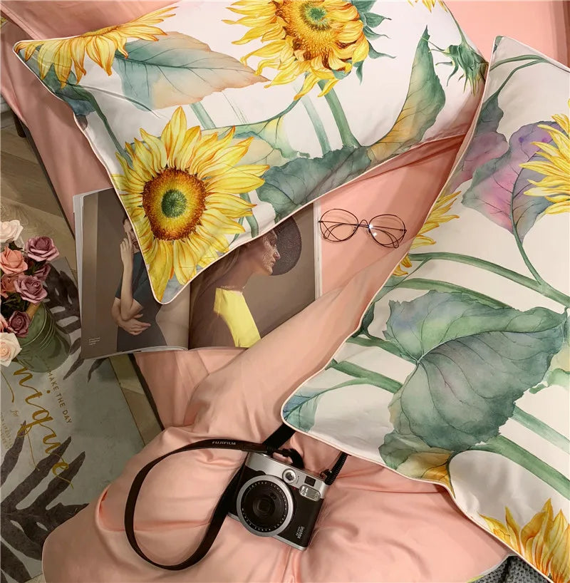 Eden 600 TC Sunflower Cotton Duvet Set - White/Yellow