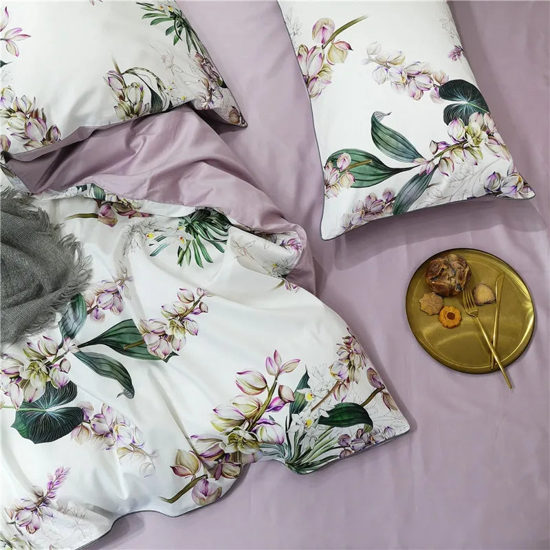 Eden 600 TC Floral Cotton Duvet Set - White/Lilac