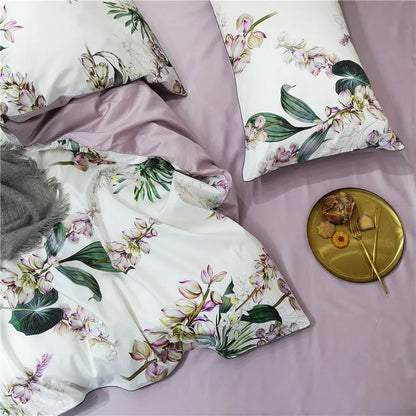 Eden 600 TC Floral Cotton Duvet Set - White/Lilac