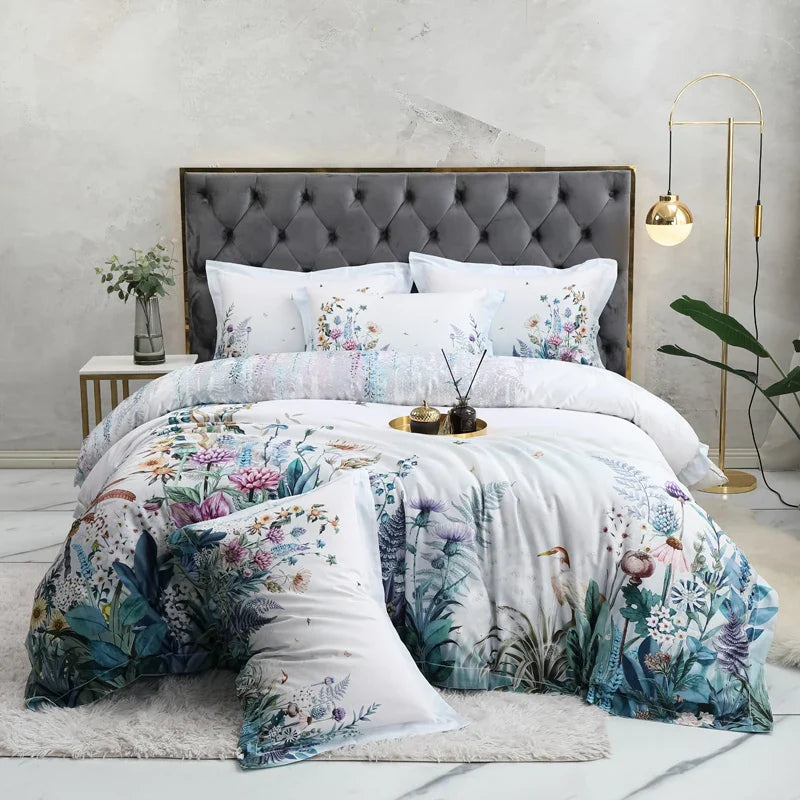 Wild Whimsy 600 TC Floral Cotton Duvet Set - White/Aqua