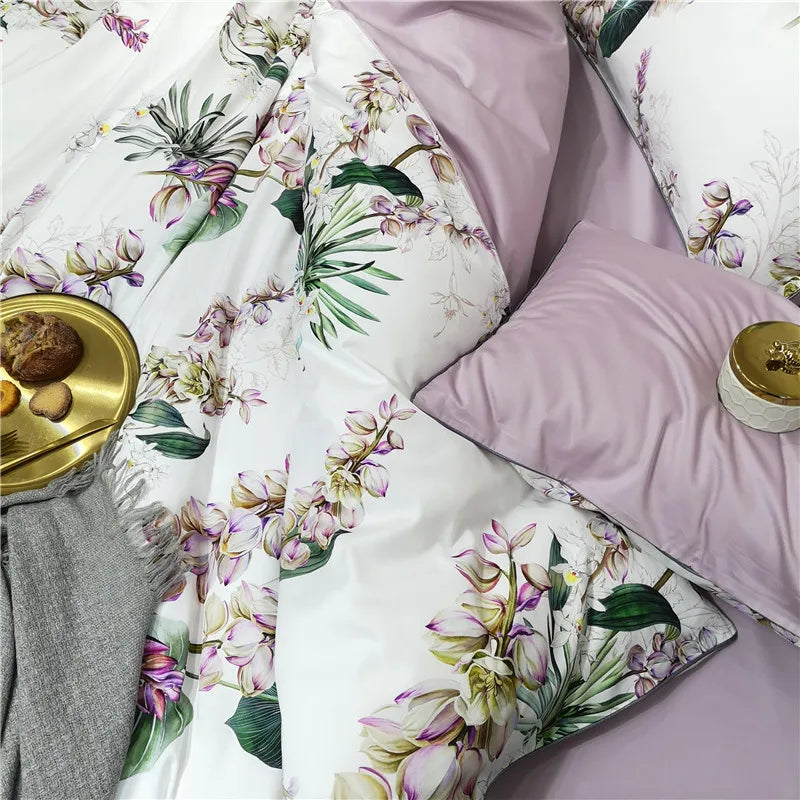 Eden 600 TC Floral Cotton Duvet Set - White/Lilac
