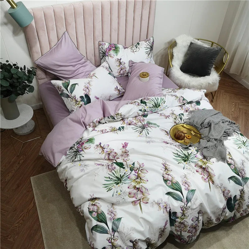 Eden 600 TC Floral Cotton Duvet Set - White/Lilac