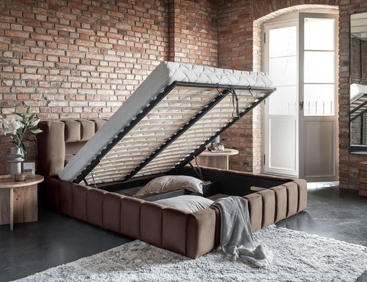 Lamica Upholstered LED Storage Platform Bed - Beige