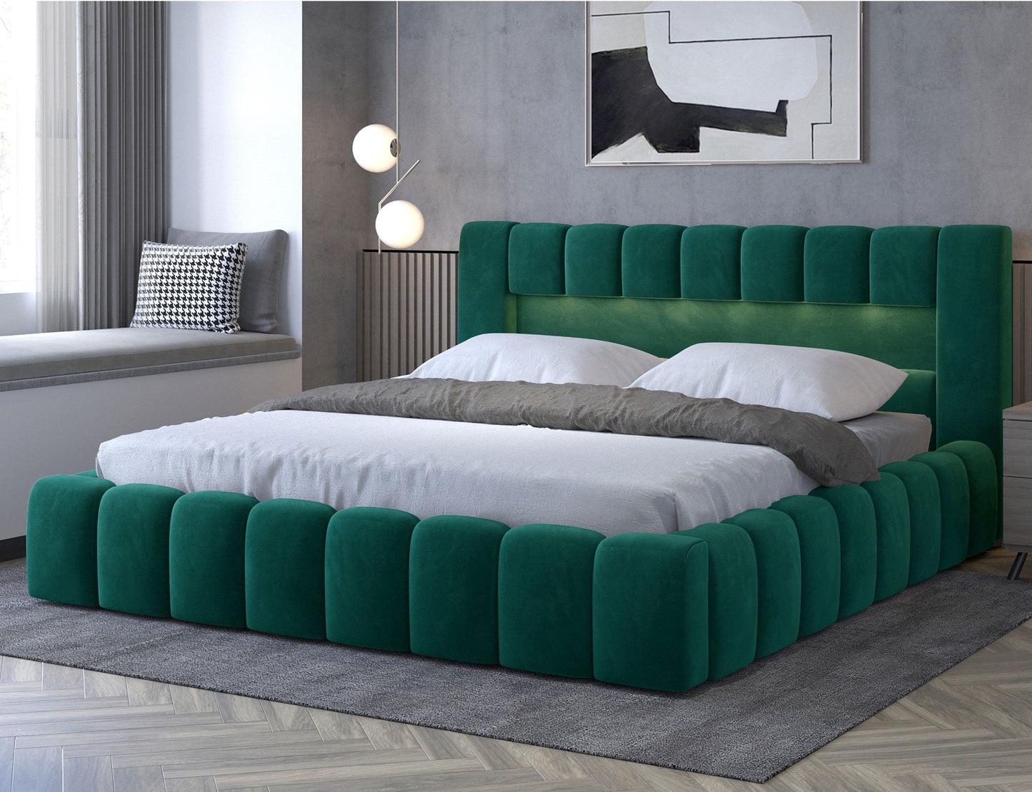 Lamica Upholstered LED Storage Platform Bed - Emerald Green