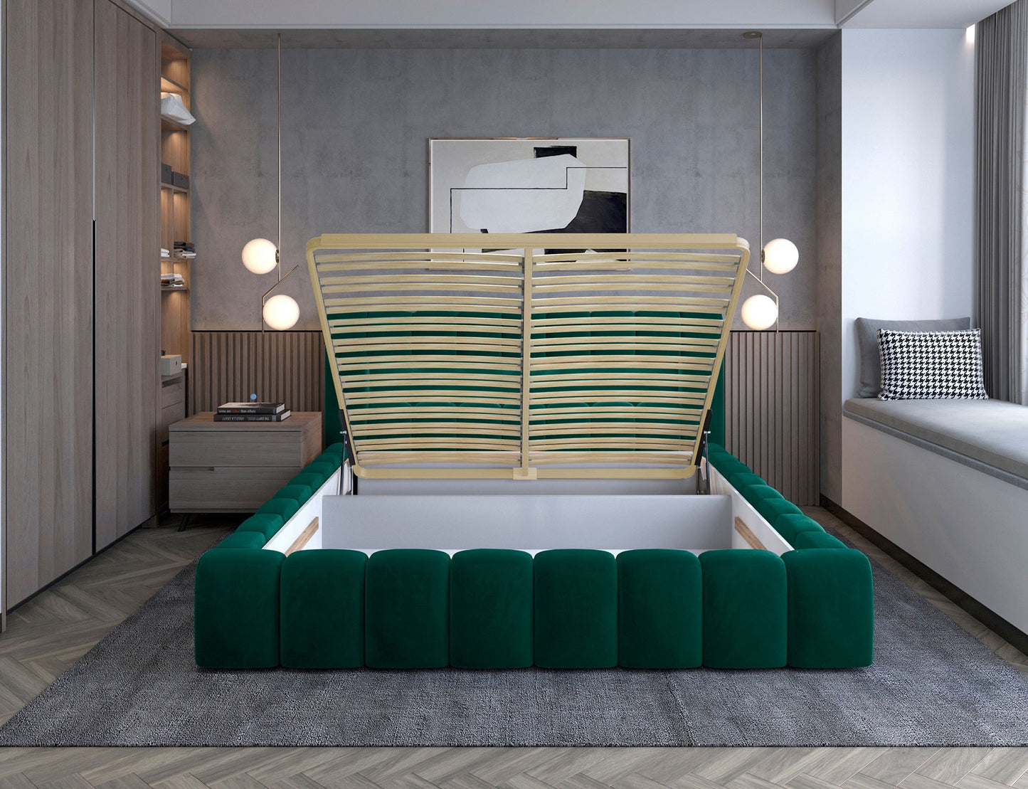 Lamica Upholstered LED Storage Platform Bed - Emerald Green
