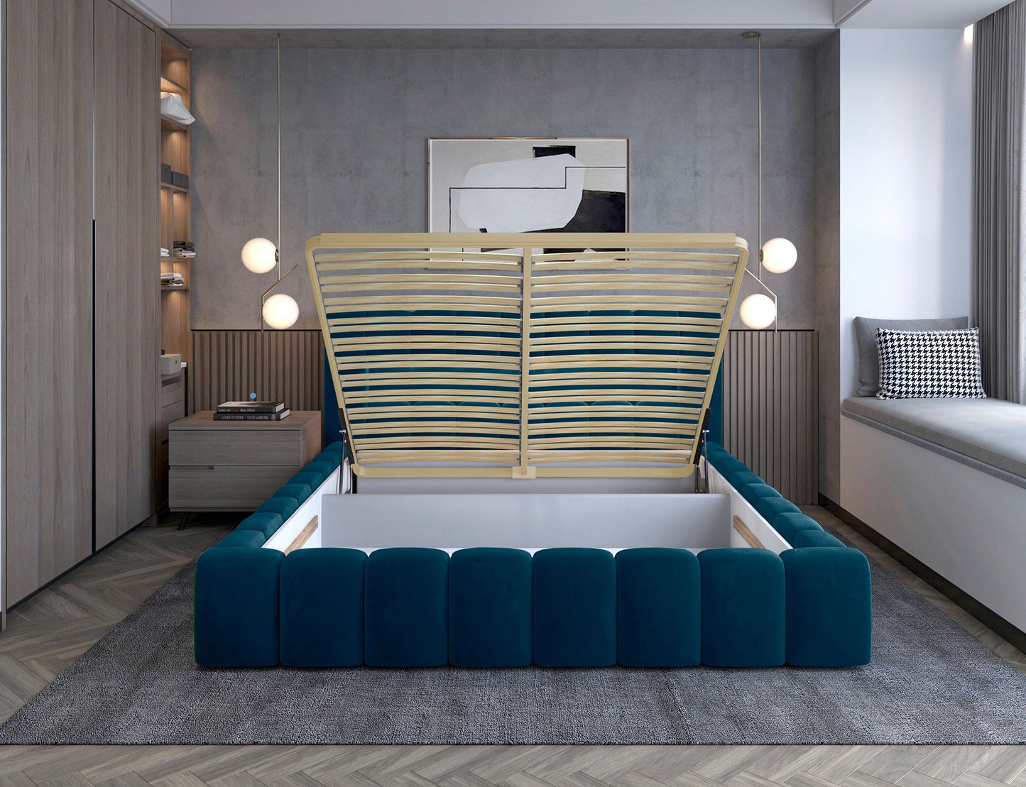 Lamica Upholstered LED Storage Platform Bed - Teal Blue
