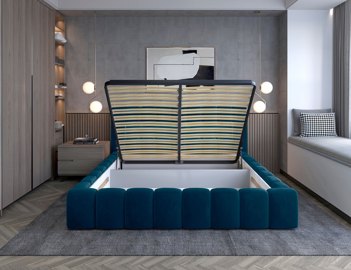 Lamica Upholstered LED Storage Platform Bed - Teal Blue