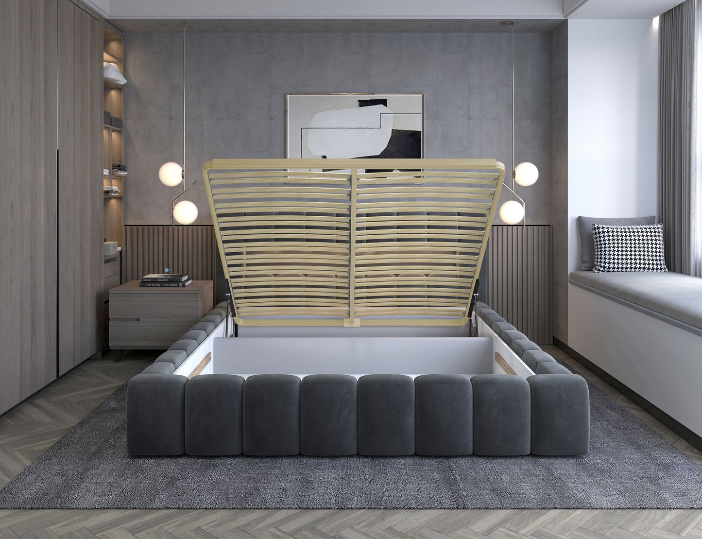 Lamica Upholstered LED Storage Platform Bed - Dark Grey