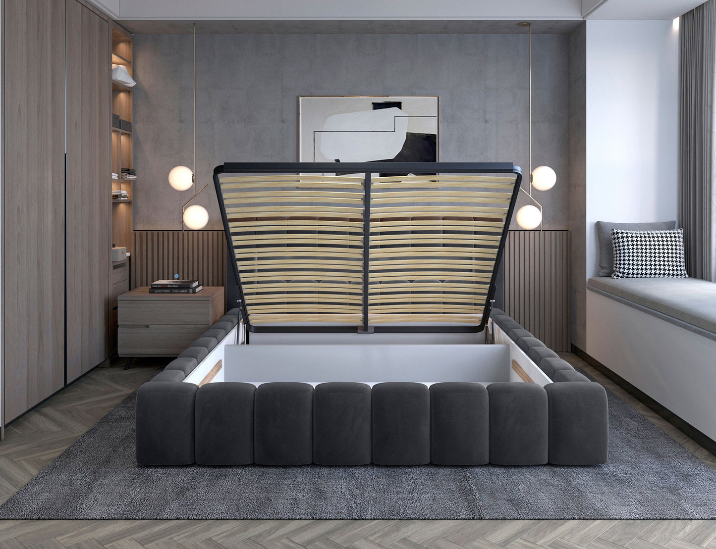 Lamica Upholstered LED Storage Platform Bed - Dark Grey