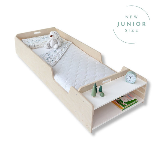 APPLE JUNIOR - Montessori Floor Bed with Rails & Shelves