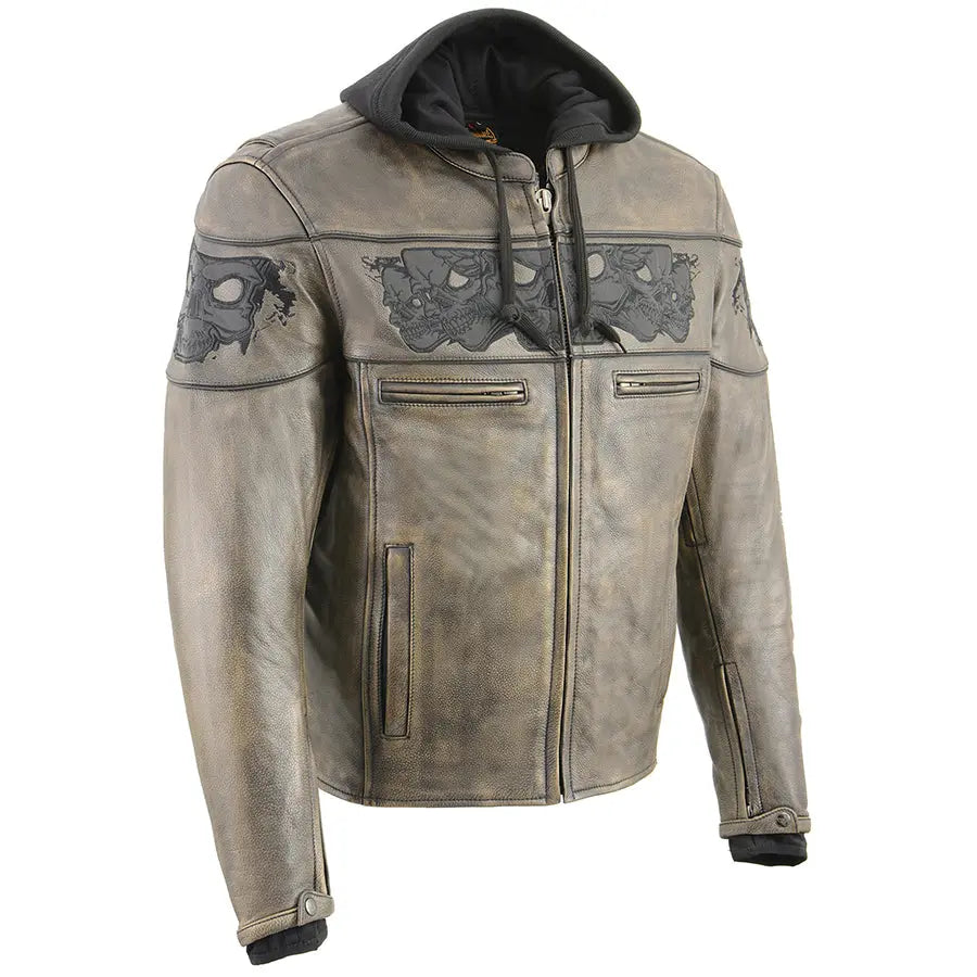 Milwaukee Leather Men's Distressed Brown Crossover Scooter Jacket with Reflective Skulls