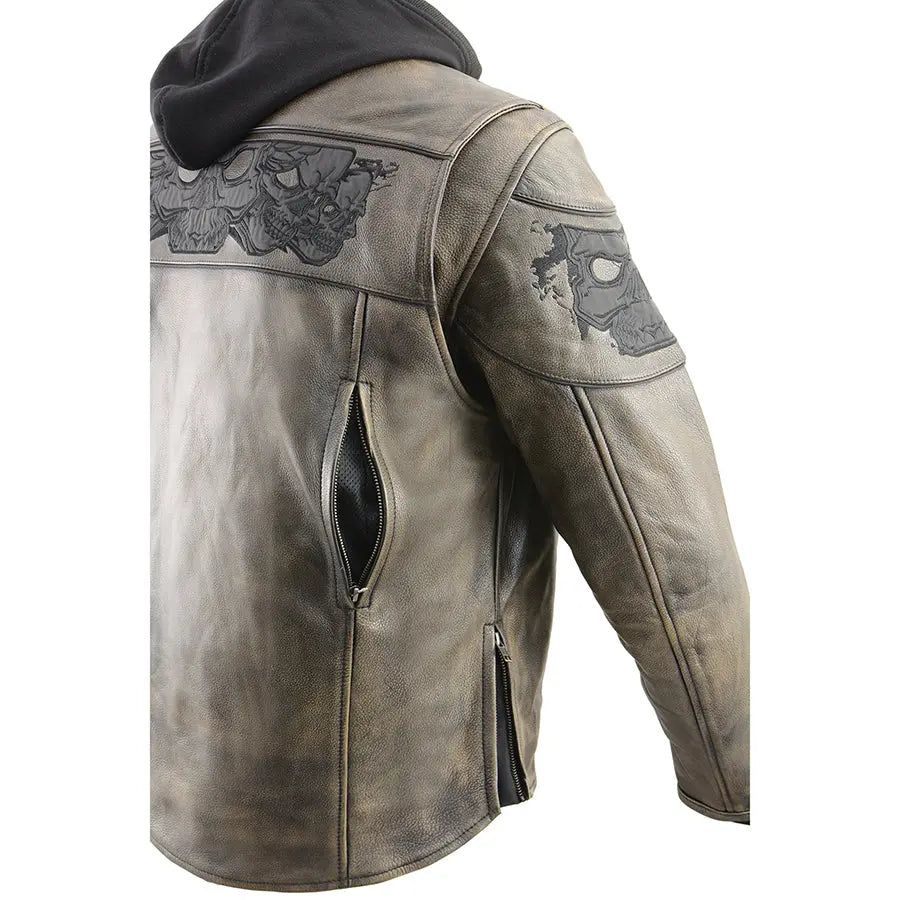 Milwaukee Leather Men's Distressed Brown Crossover Scooter Jacket with Reflective Skulls