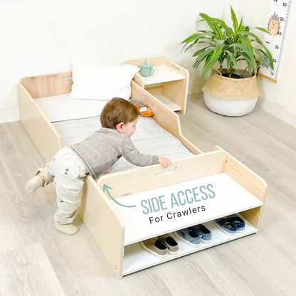 APPLE TWIN - Montessori Floor Bed with Rails & Shelves
