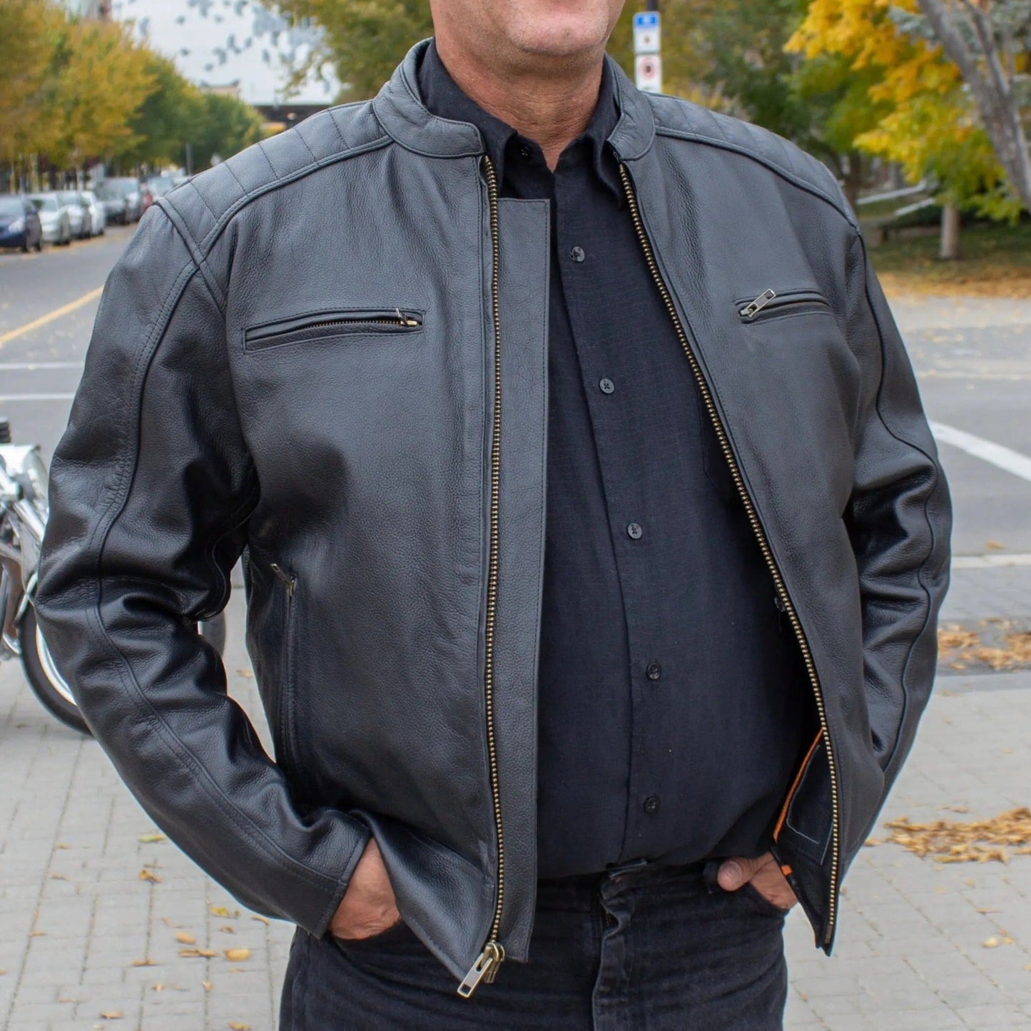 Open Road Men's Ribbed Padding Leather Motorcycle Jacket