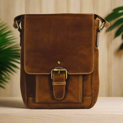 Rugged Earth Leather Bag with Front Flap and Buckle