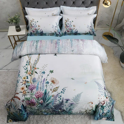 Wild Whimsy 600 TC Floral Cotton Duvet Set - White/Aqua