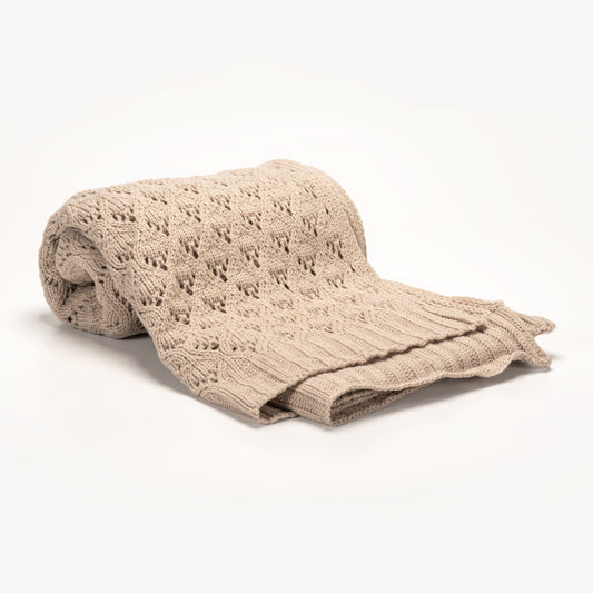Crochet Style Taupe Knit Throw Blanket 50" x 60"