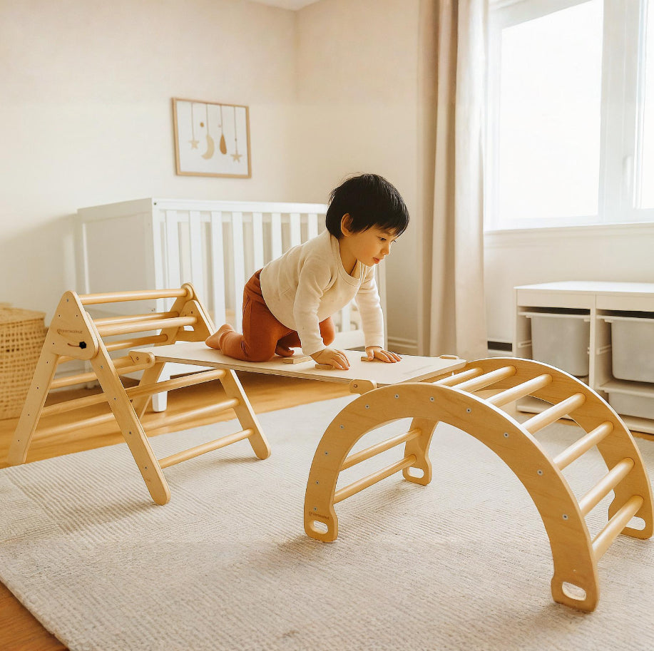 Wooden Pikler Triangle With Rocker & Slide + Ramp | Wooden Climbing Gym Set