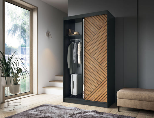 Marrphy Mirrored 2 Sliding Door Freestanding Wardrobe - Black/Oak Caramel