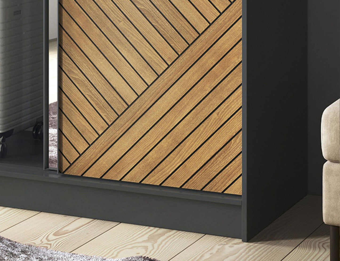 Marrphy Mirrored 2 Sliding Door Freestanding Wardrobe - Black/Oak Caramel