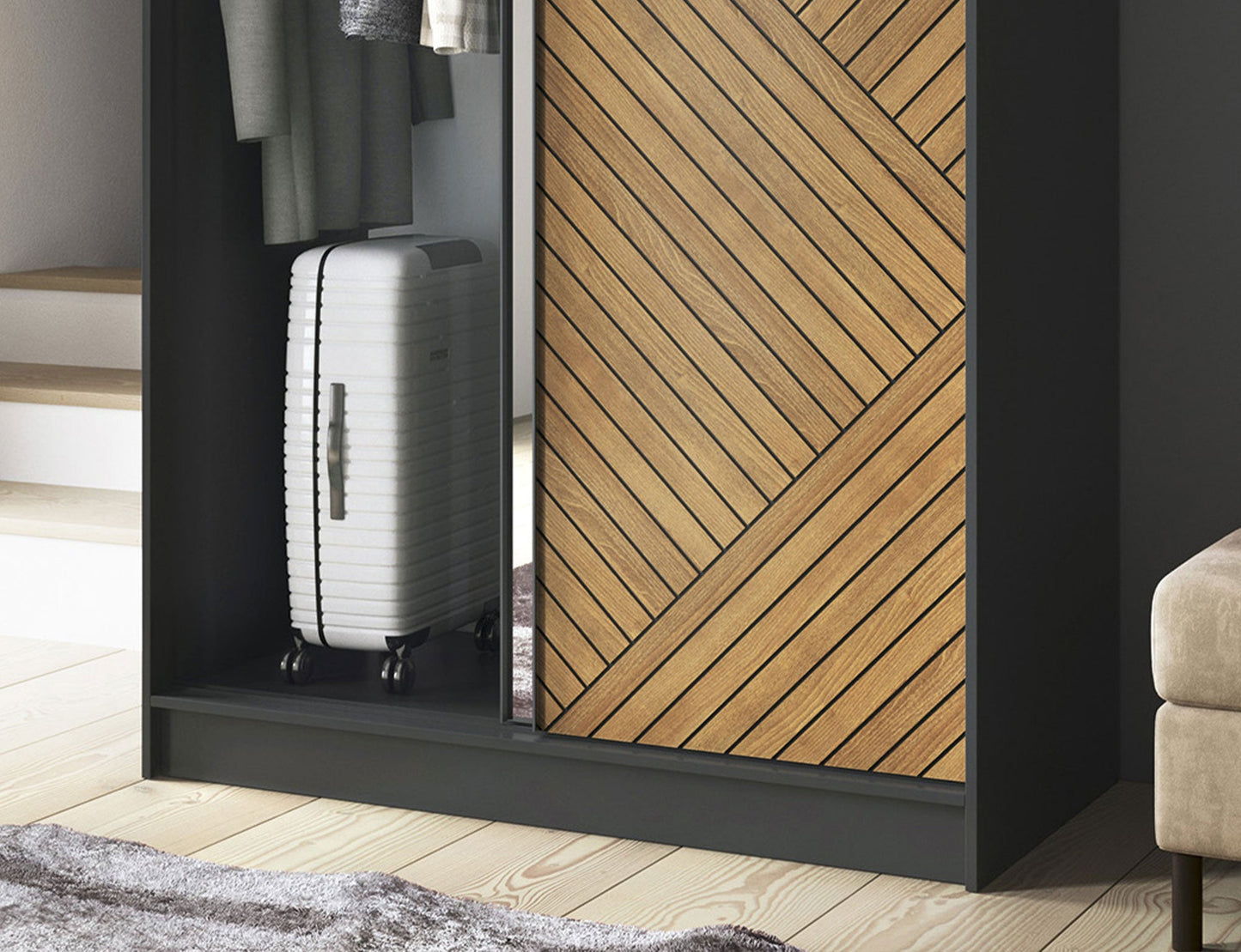 Marrphy Mirrored 2 Sliding Door Freestanding Wardrobe - Black/Oak Caramel