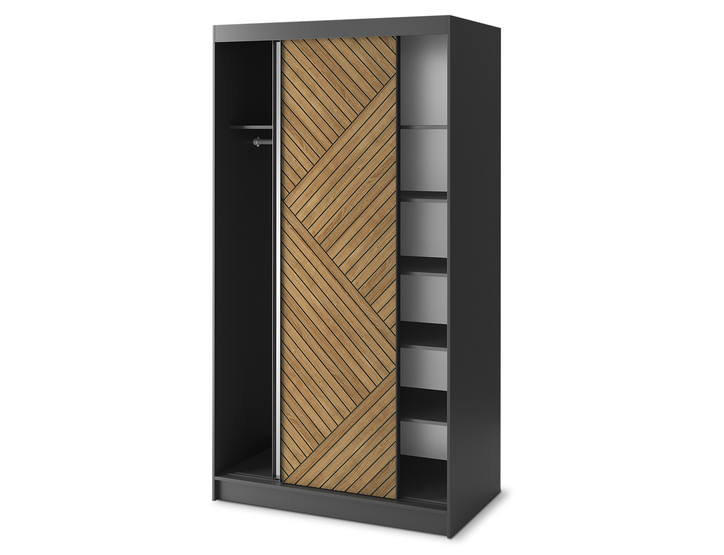 Marrphy Mirrored 2 Sliding Door Freestanding Wardrobe - Black/Oak Caramel