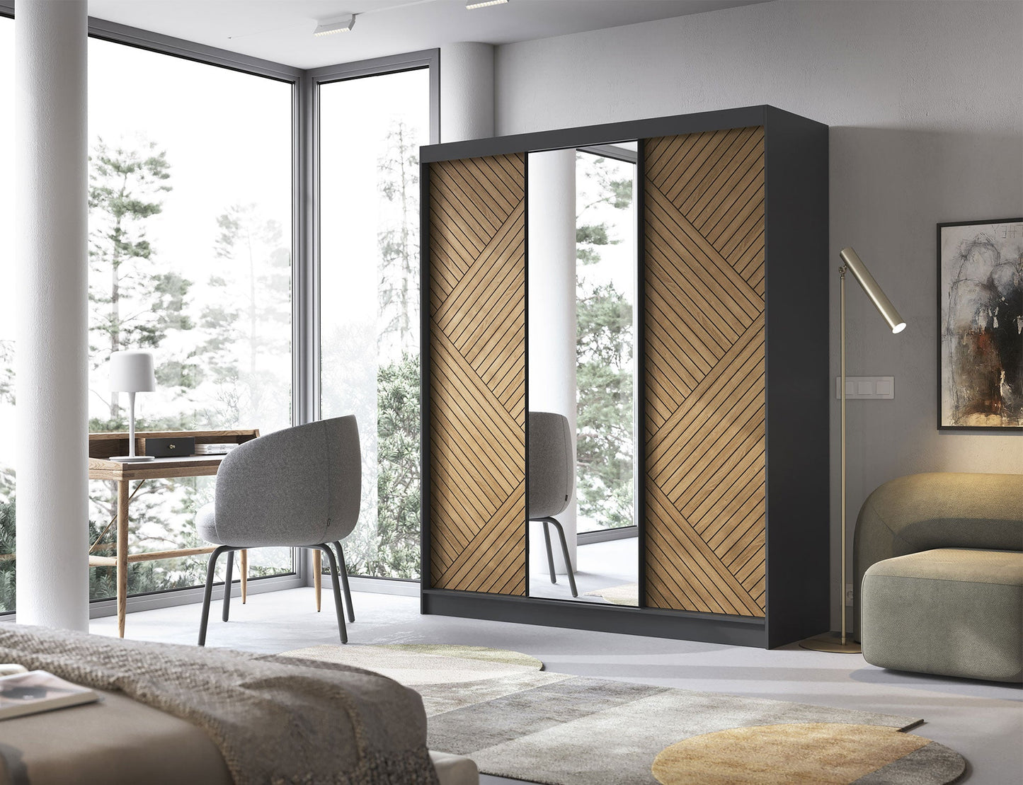 Marrphy Mirrored 3 Sliding Door Freestanding Wardrobe - Black/Oak Caramel