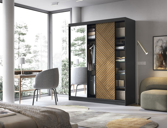 Marrphy Mirrored 3 Sliding Door Freestanding Wardrobe - Black/Oak Caramel
