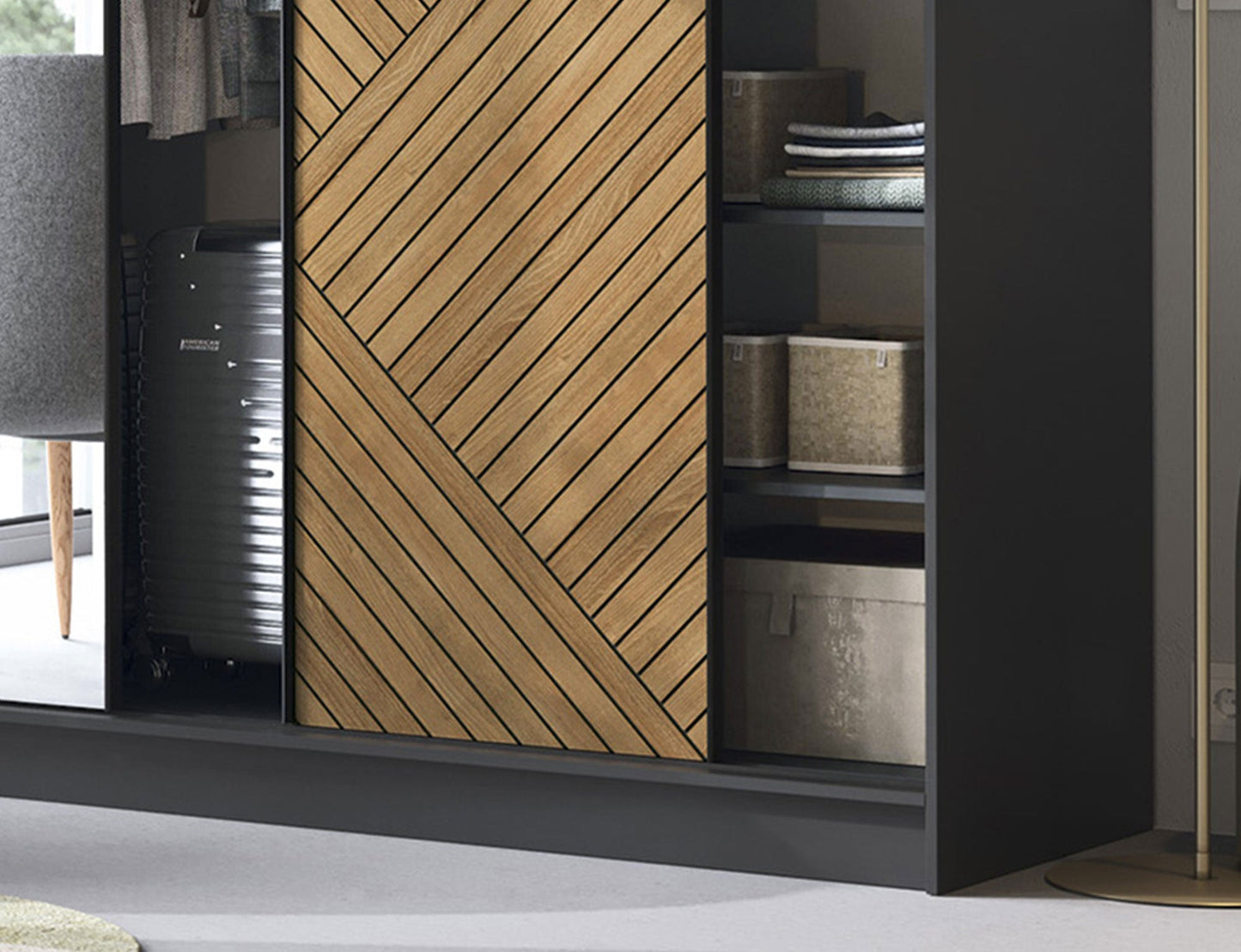 Marrphy Mirrored 3 Sliding Door Freestanding Wardrobe - Black/Oak Caramel