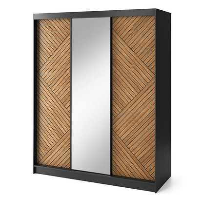 Marrphy Mirrored 3 Sliding Door Freestanding Wardrobe - Black/Oak Caramel