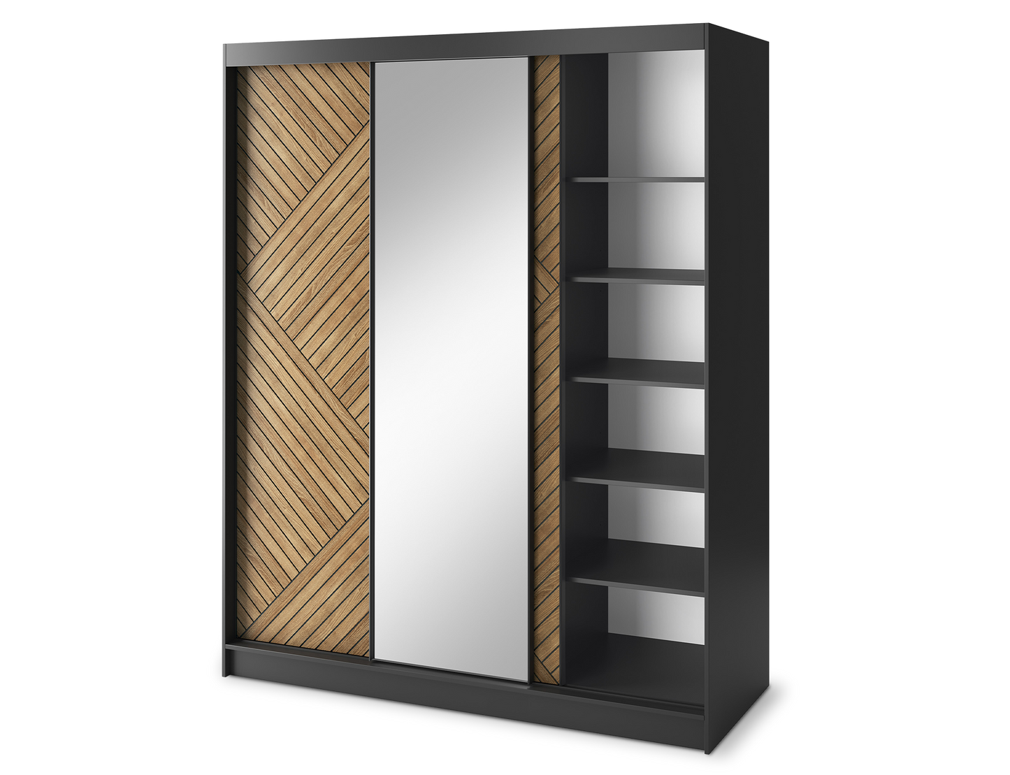 Marrphy Mirrored 3 Sliding Door Freestanding Wardrobe - Black/Oak Caramel