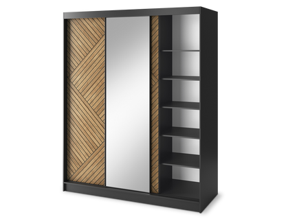 Marrphy Mirrored 3 Sliding Door Freestanding Wardrobe - Black/Oak Caramel