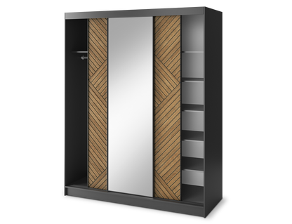 Marrphy Mirrored 3 Sliding Door Freestanding Wardrobe - Black/Oak Caramel