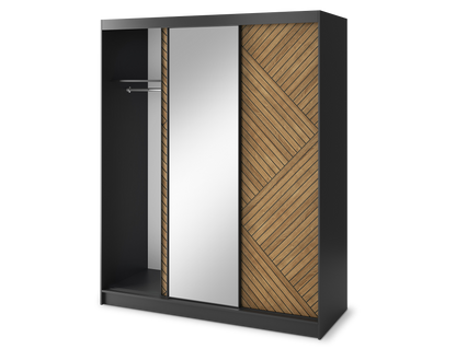 Marrphy Mirrored 3 Sliding Door Freestanding Wardrobe - Black/Oak Caramel