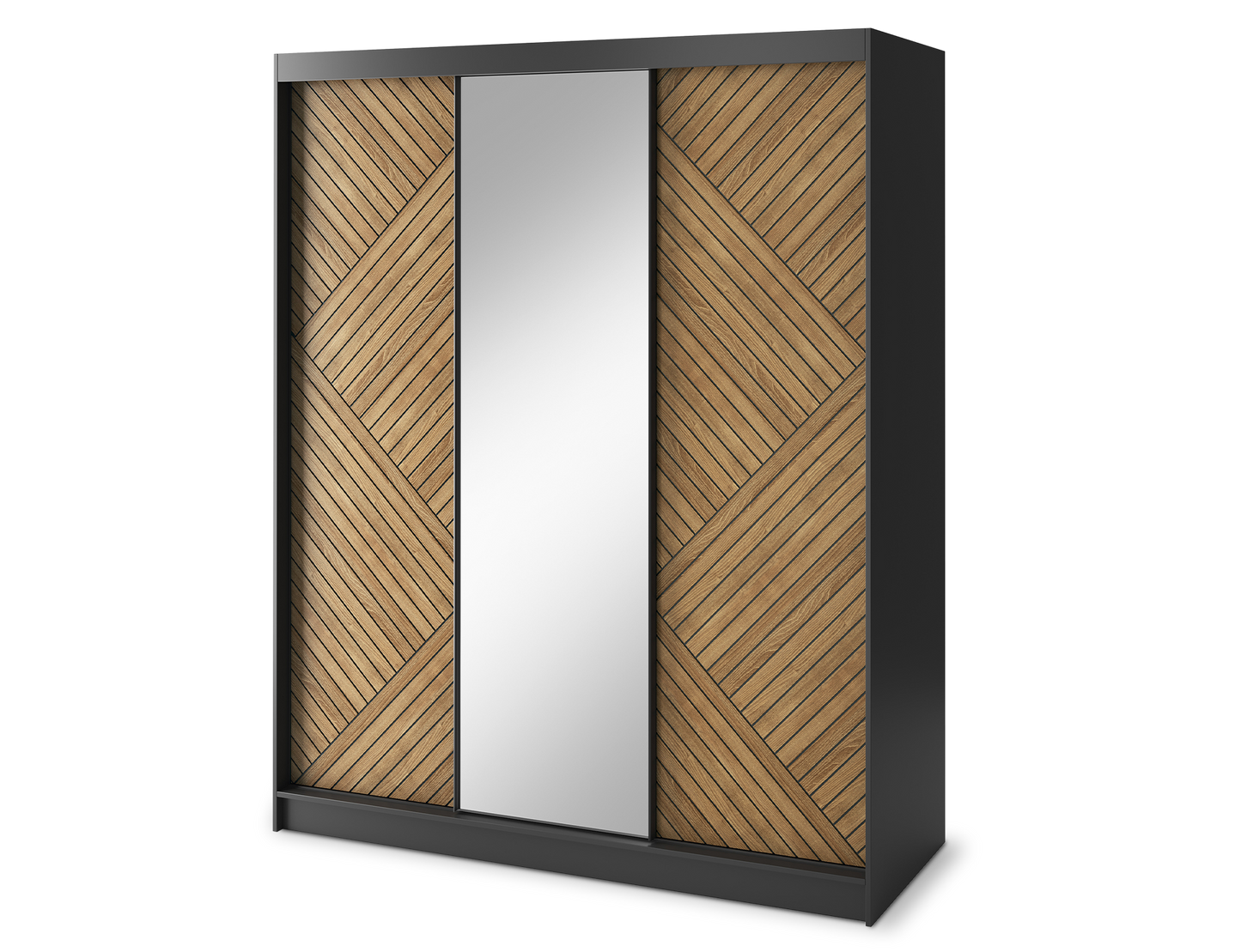 Marrphy Mirrored 3 Sliding Door Freestanding Wardrobe - Black/Oak Caramel