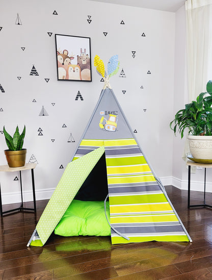 GoDozer Green Yellow White Stripes Grey Play Teepee Tent